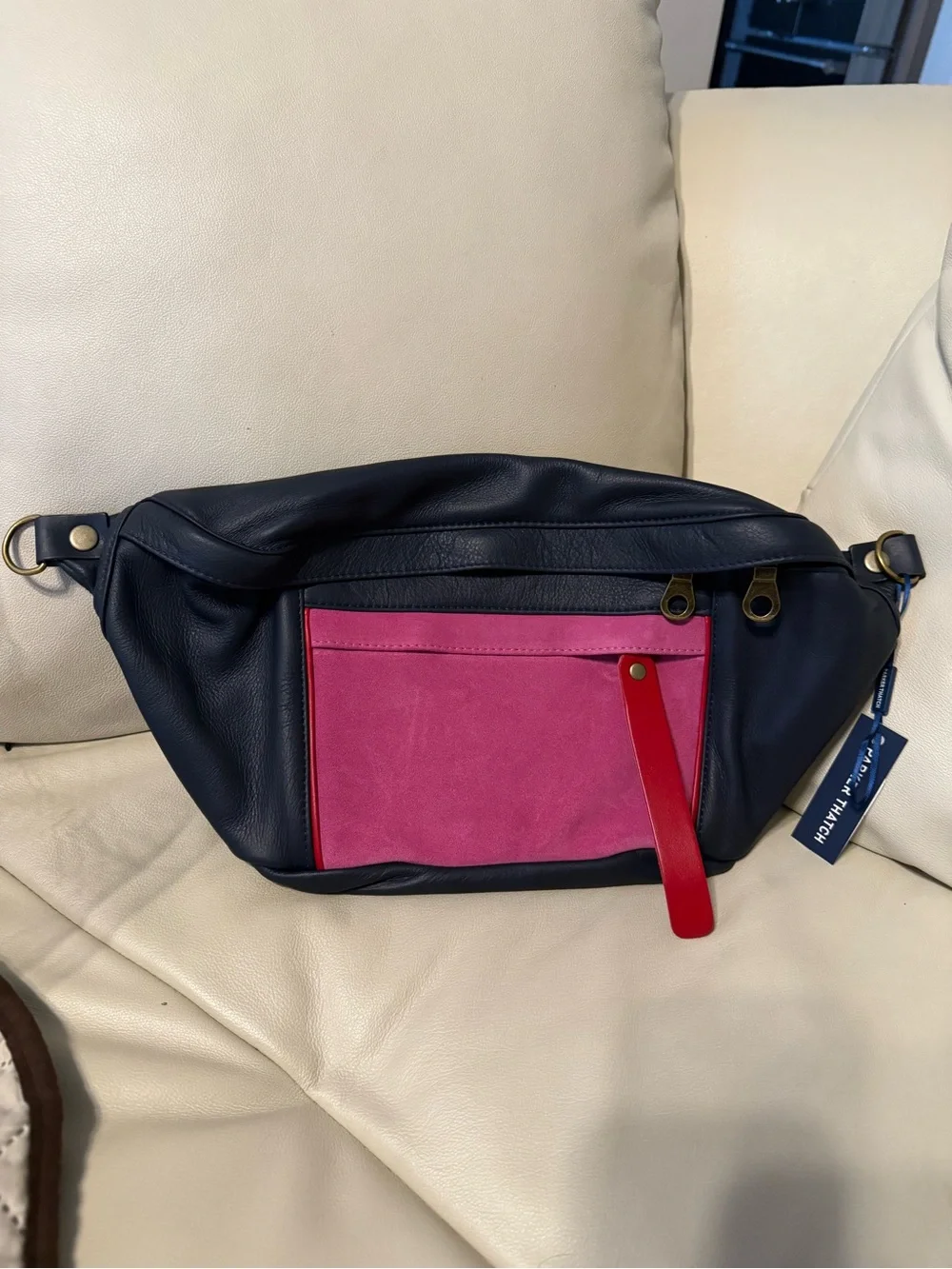 Parker Thatch Navy Leather & Pink Suede sling with Red Accent  NWT